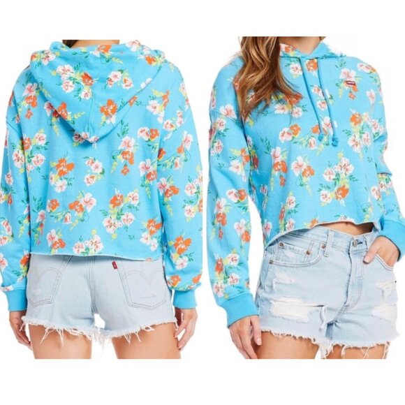 LEVI'S LEVIS Floral Raw Cut Hoodie Sweatshirt Blue Multi Hawaiian Cropped Crop - Picture 1 of 16